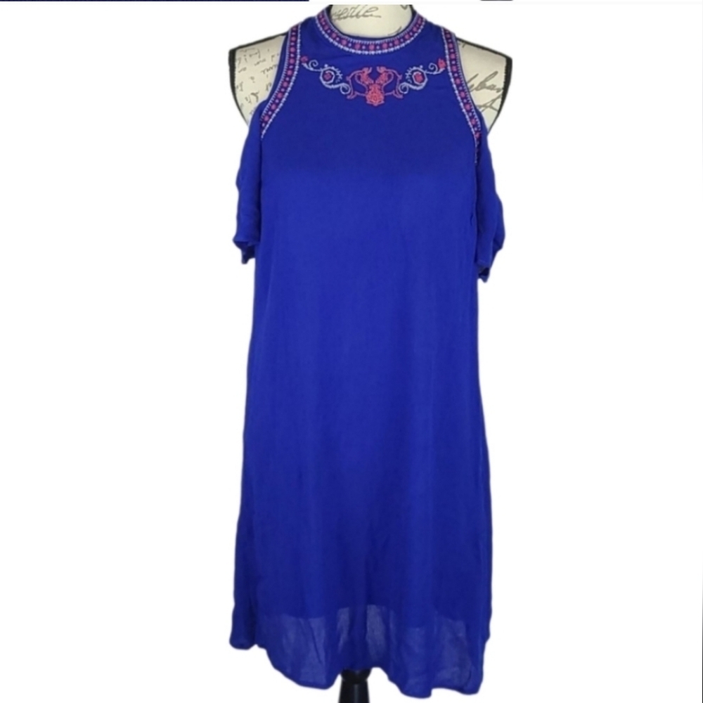 Vintage Dragon Dress Royal Blue Crepe Embroidered Cold Shoulder Eastern 90s